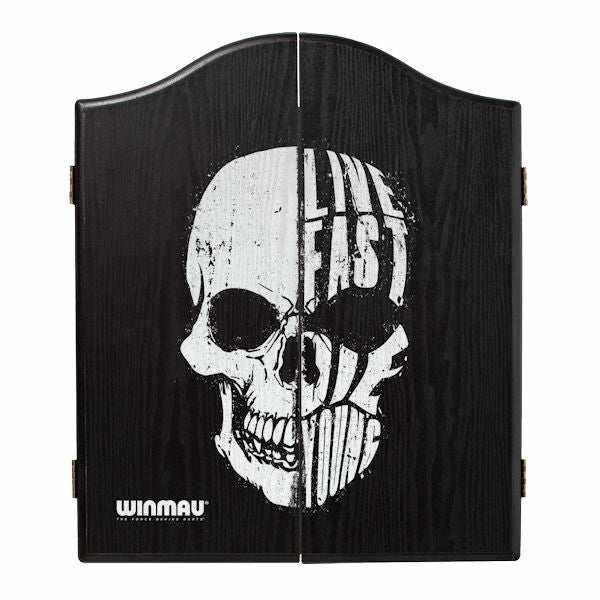 Winmau Black Skull Cabinet with live fast die young skull design, black veneer effect dartboard cabinet with magnetic closure and easy-wipe scoring panels