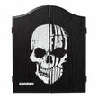 Winmau Black Skull Cabinet with live fast die young skull design, black veneer effect dartboard cabinet with magnetic closure and easy-wipe scoring panels