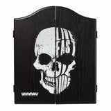 Winmau Black Skull Cabinet with live fast die young skull design, black veneer effect dartboard cabinet with magnetic closure and easy-wipe scoring panels