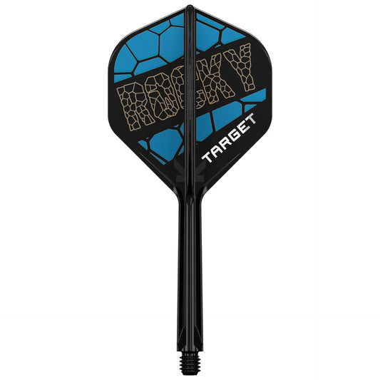 K-Flex Standard No.2 Flight integrated black plastic flight and shaft with bright blue panels and gold Rocky lettering.