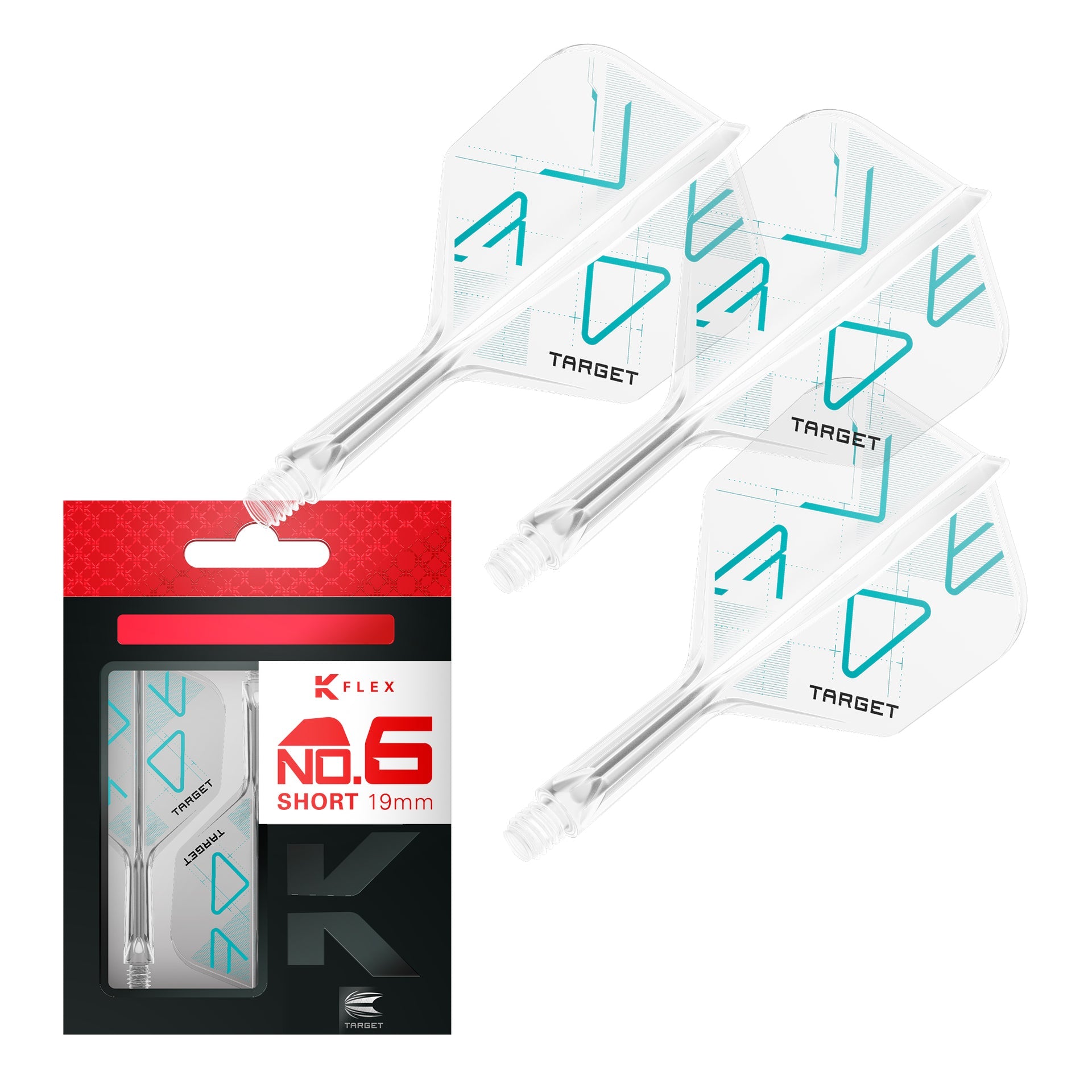 K-Flex Standard No.6 Flight & Shaft Rove Two clear darts with blue triangle patterns on a white background, accompanied by their packaging.