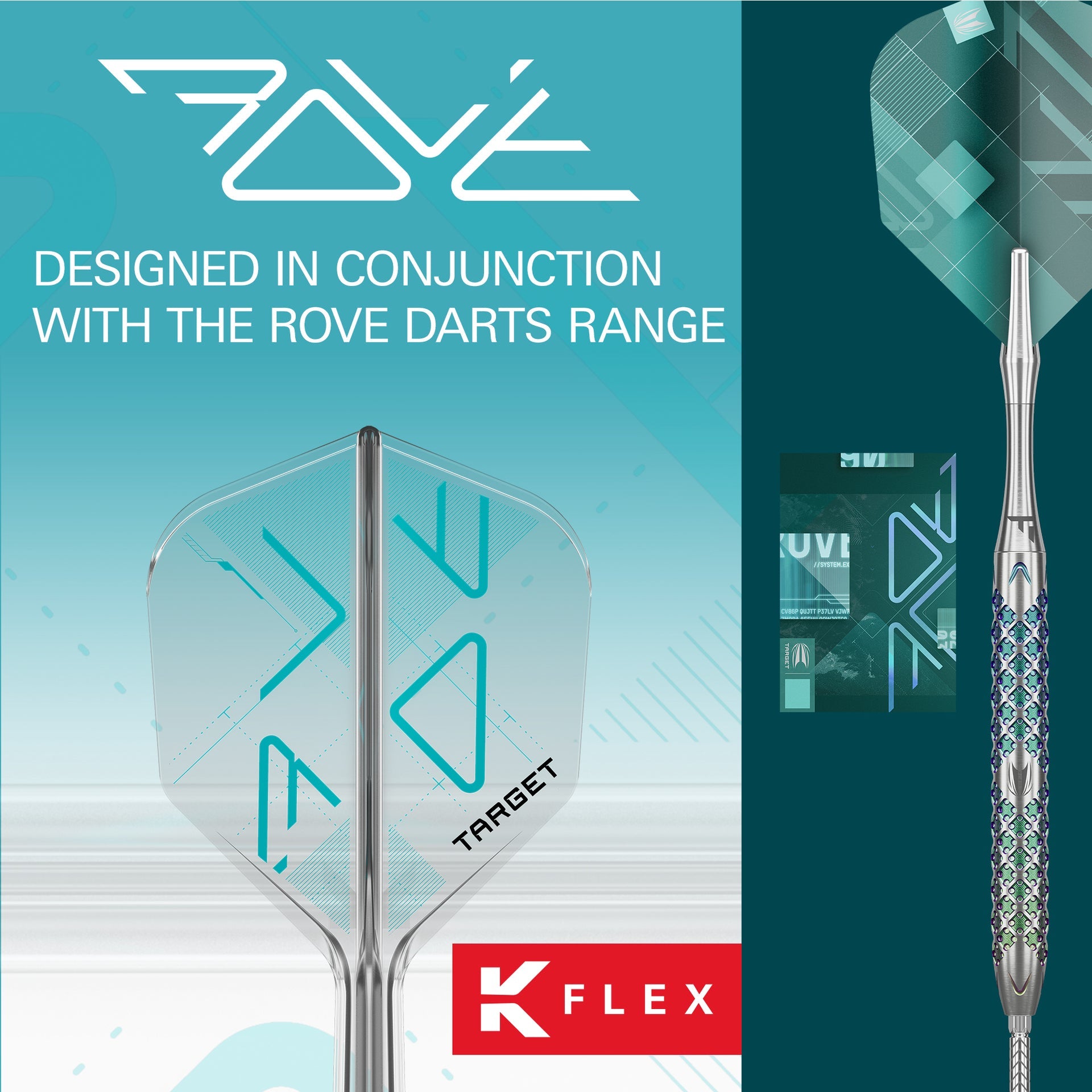 Rove darts with Target and K Flex branding on a blue and green gradient background