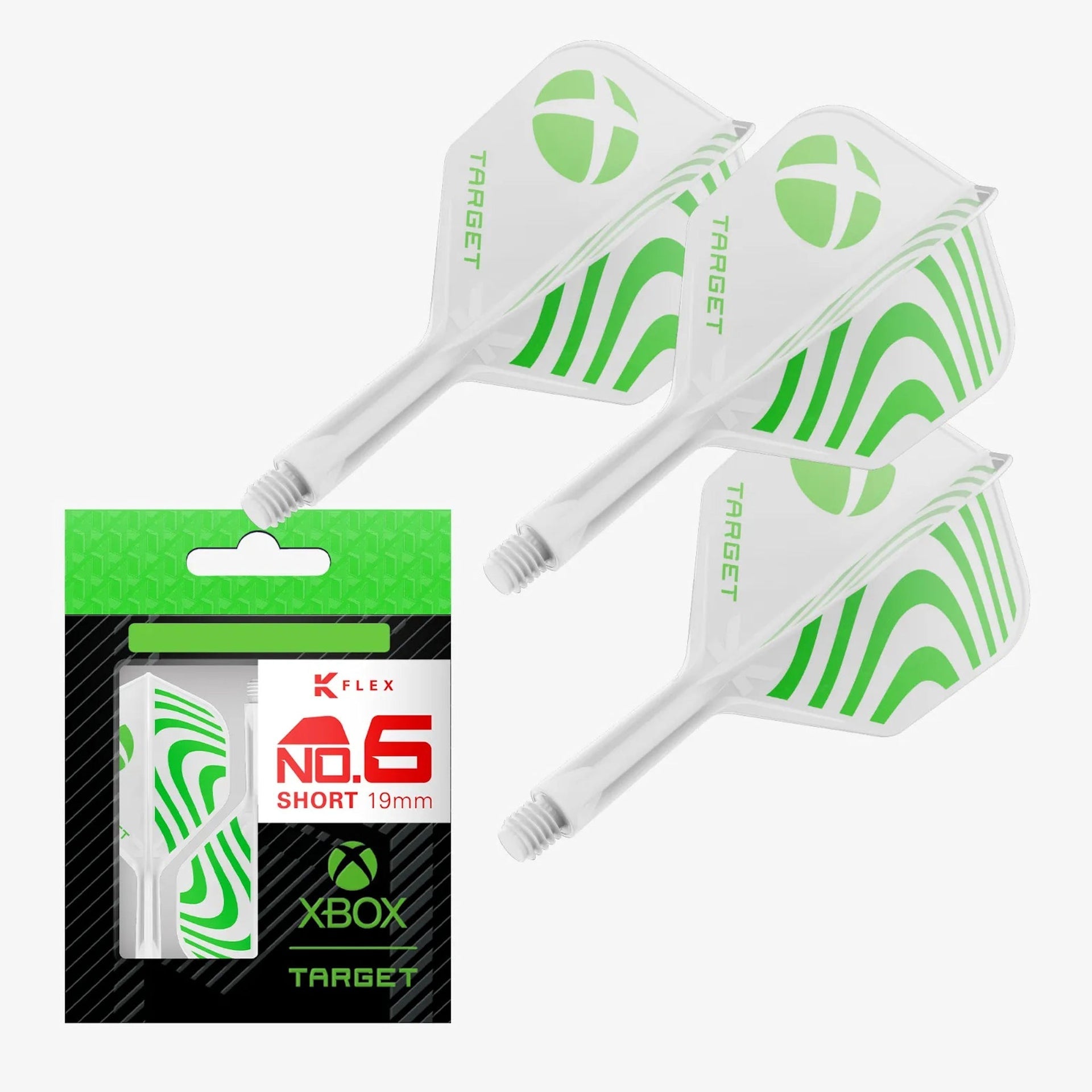 K-Flex Standard No.6 Flight & Shaft XBOX with green patterns and packaging on a white background