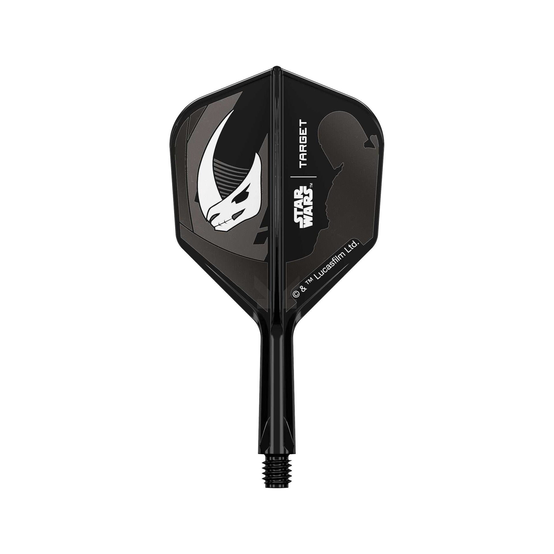 STAR WARS™ K-Flex integrated dart flight and shaft in black polymer, with grey Mandalorian helmet graphics and No. 2 shape.