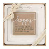 Happy Always Ceramic two-piece square ceramic cheese plate set with debossed sentiment and coordinating kraft napkins in gift box