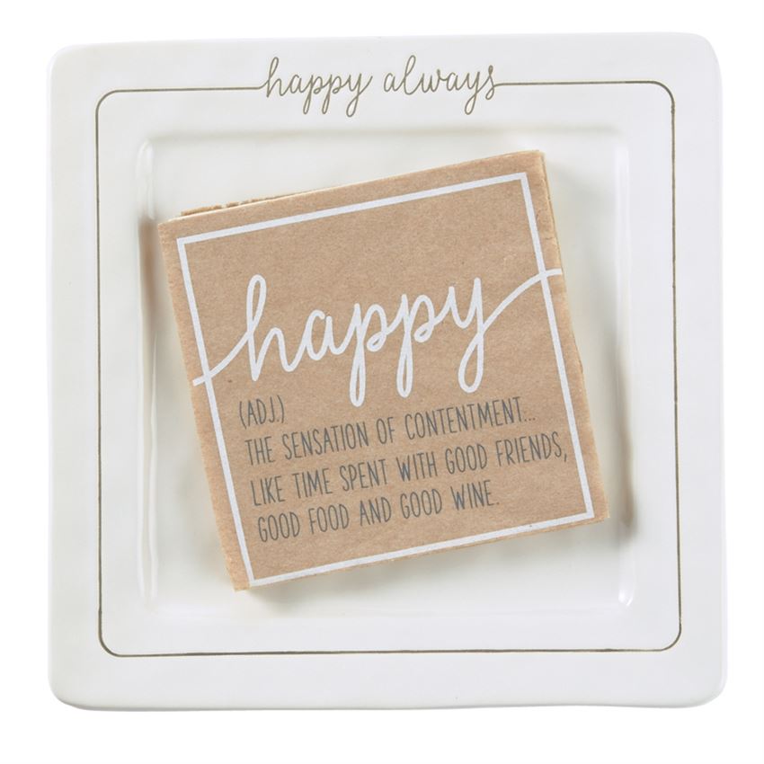 Happy Always Ceramic two-piece square ceramic cheese plate set with debossed sentiment and kraft paper napkins in gift box