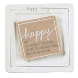 Happy Always Ceramic two-piece square ceramic cheese plate set with debossed sentiment and kraft paper napkins in gift box