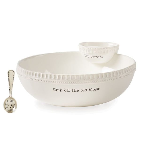 Ceramic Chip Off the Old Block 3-piece stacked chip and dip set with sentiment spoon and debossed chip bowl