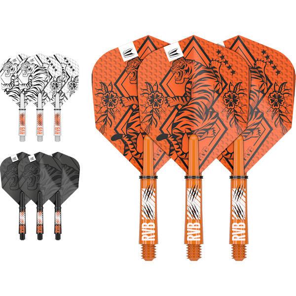 Professional Player INK dart flight and shaft kit with tattoo-inspired designs in orange, black, and white colors