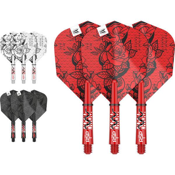 Professional Player INK Flight and Shaft Kit with tattoo-themed designs in three colorways including red, white, and black flights and shafts sets