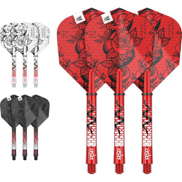 Professional Player INK dart flight and shaft kit with tattoo-themed designs in three colorways, including 9 shafts and 9 No.6 flights for durability
