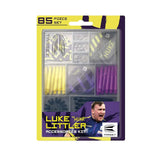 Luke Littler Accessories Kit 85-piece dart accessory set with pro grip shafts, ultra flights, sharpener, multi tool, and flight protectors in yellow, purple, and black colors