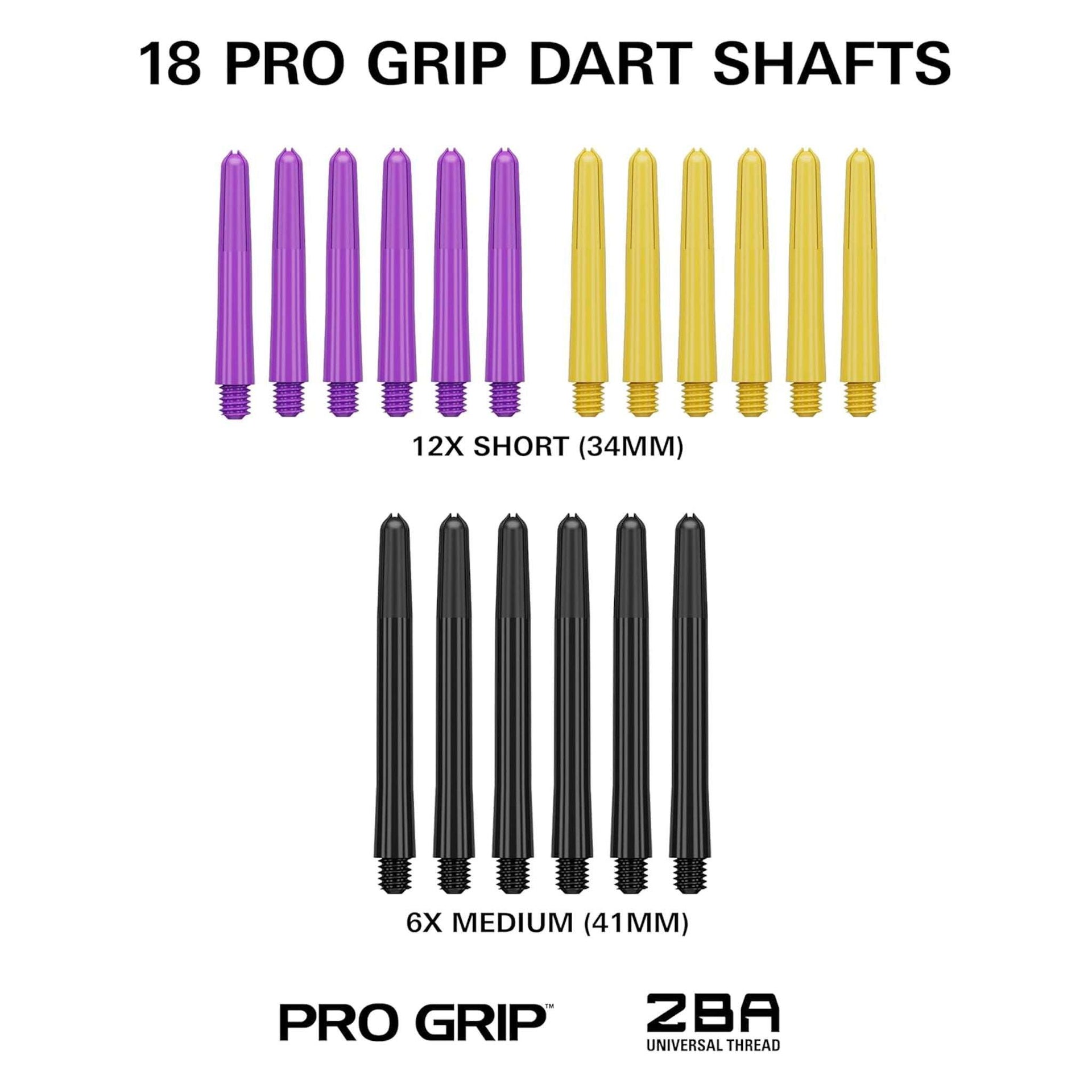 Luke Littler Accessories Kit with 18 nylon Pro Grip dart shafts in purple, yellow (34mm), and black (41mm) featuring 2BA universal threads.