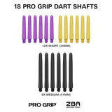 Luke Littler Accessories Kit with 18 nylon Pro Grip dart shafts in purple, yellow (34mm), and black (41mm) featuring 2BA universal threads.