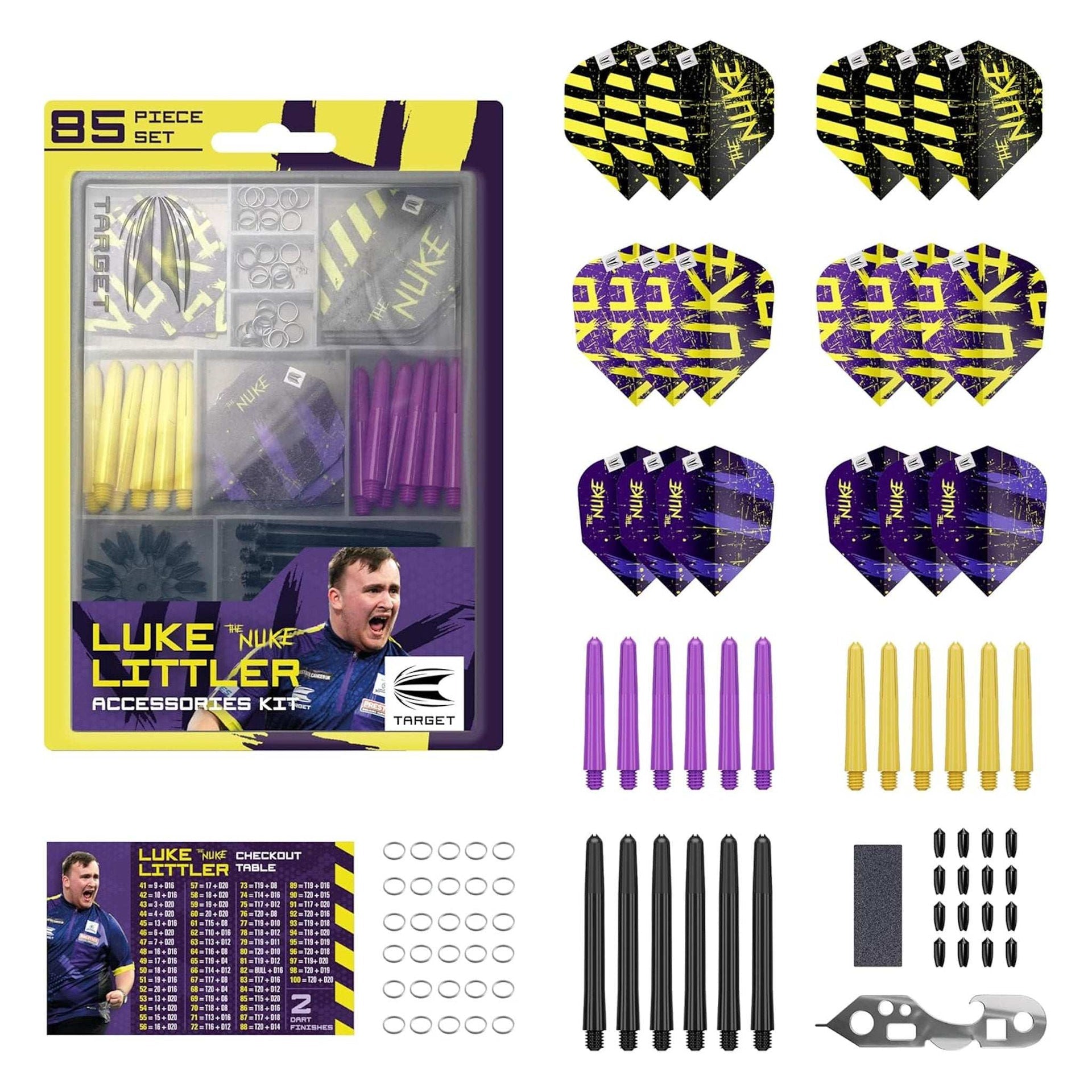 Luke Littler Accessories Kit 85-piece dart accessory set with flights, shafts, sharpener, multi tool, O-rings, flight protectors, and checkout score card