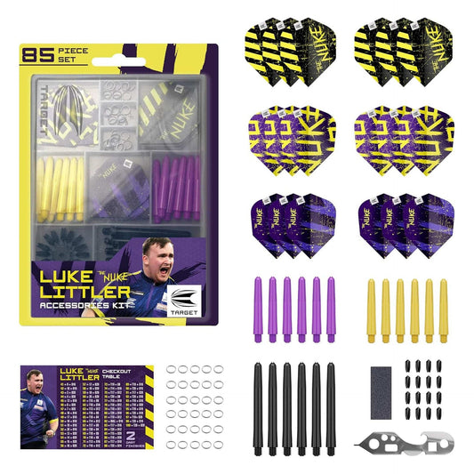 Luke Littler Accessories Kit 85-piece dart accessory set with flights, shafts, sharpener, multi tool, O-rings, flight protectors, and checkout score card