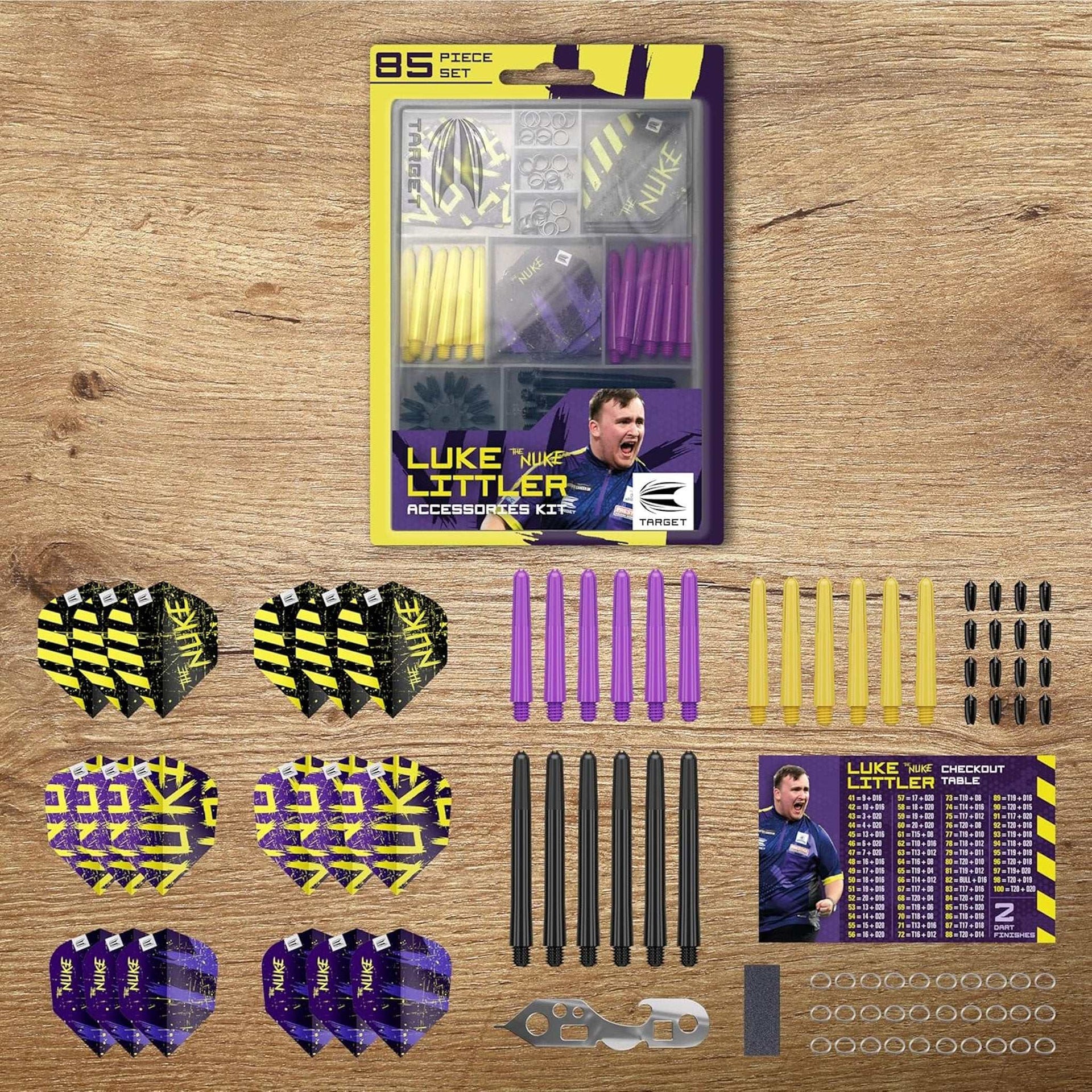Luke Littler Accessories Kit 85-piece dart set with flights, shafts, sharpener, multi tool, and checkout card