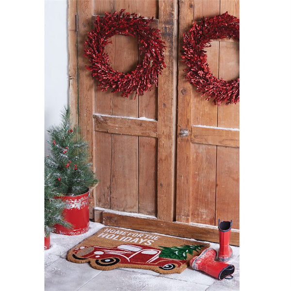 Preserved Myrtle Wreath Red Leaves shown on front door