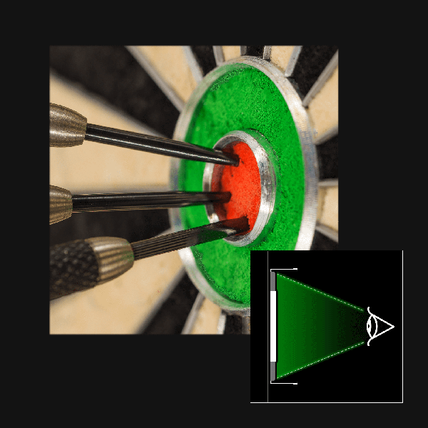 Close-up of darts hitting bullseye on dartboard with Winmau Plasma Dartboard Light schematic showing 360° shadow-free LED illumination.
