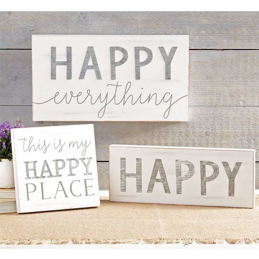 Happy Wood & Tin white-washed wooden plaque with galvanized tin accents and happy-themed text for wall decor