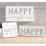 Happy Wood & Tin white-washed wooden plaque with galvanized tin accents and happy-themed text for wall decor