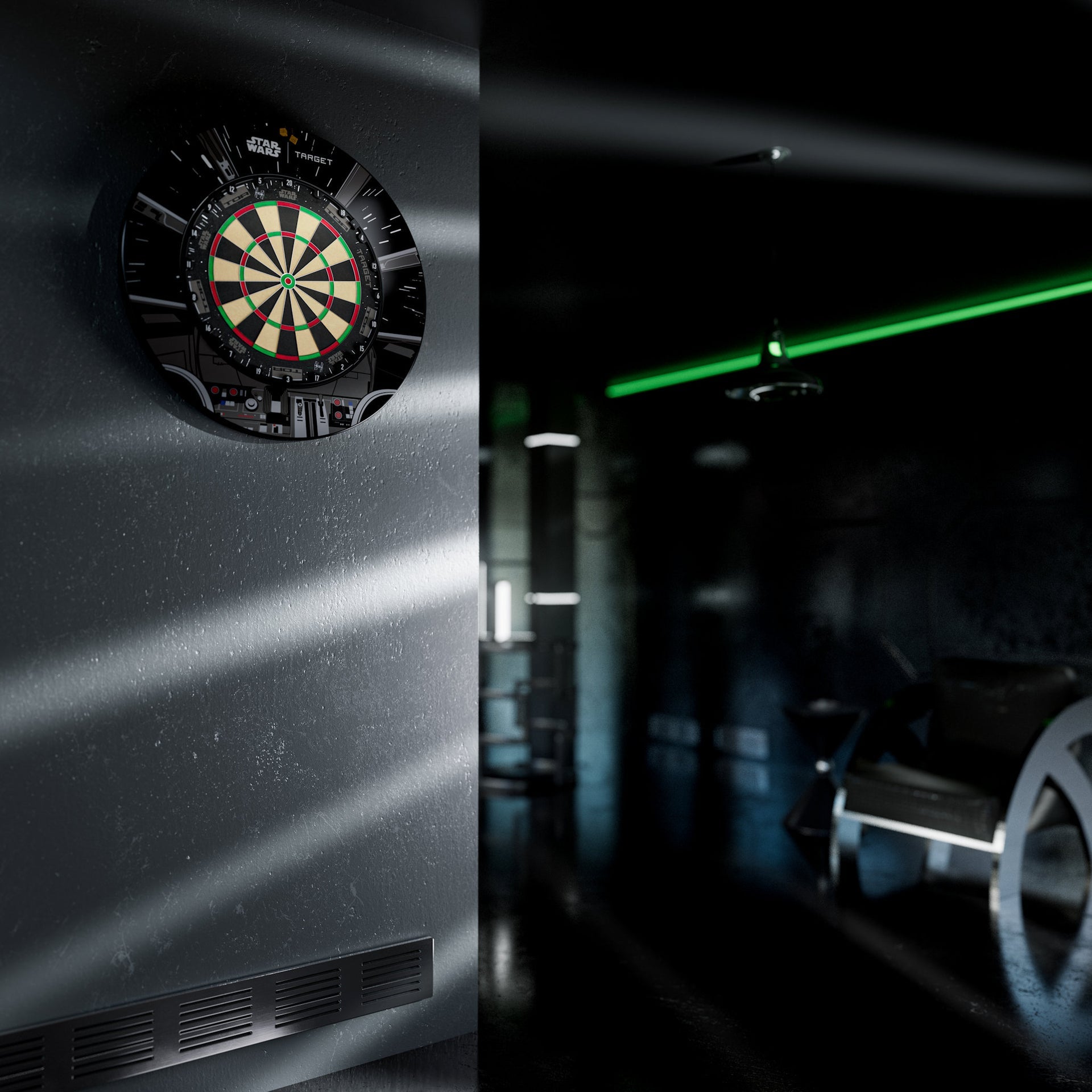 Dartboard on a wall with a dark room and green light in the background