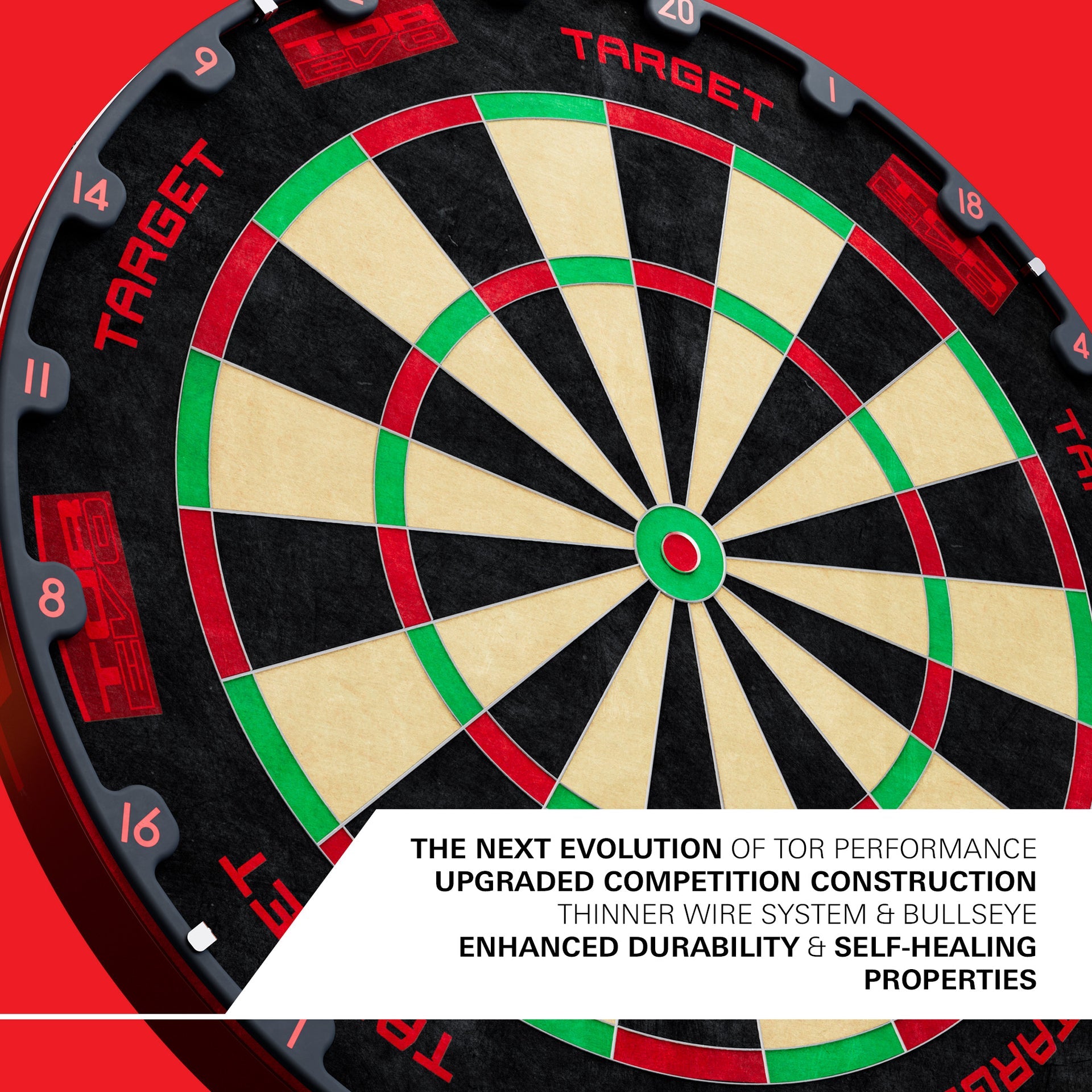 A close-up of Target TOR EVO Dartboard with a white text banner at the bottom reading 'THE NEXT EVOLUTION OF TOR PERFORMANCE UPGRADED COMPETITION CONSTRUCTION THINNER WIRE SYSTEM & BULLSEYE ENHANCED DURABILITY & SELF-HEALING PROPERTIES.' The board is shown against a bright red background.