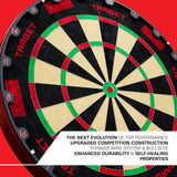 A close-up of Target TOR EVO Dartboard with a white text banner at the bottom reading 'THE NEXT EVOLUTION OF TOR PERFORMANCE UPGRADED COMPETITION CONSTRUCTION THINNER WIRE SYSTEM & BULLSEYE ENHANCED DURABILITY & SELF-HEALING PROPERTIES.' The board is shown against a bright red background.