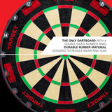 A close-up of Target TOR EVO Dartboard with black, beige, red, and green scoring sections and a white text banner across the center. The board is shown against a red background with no people or real environment visible.