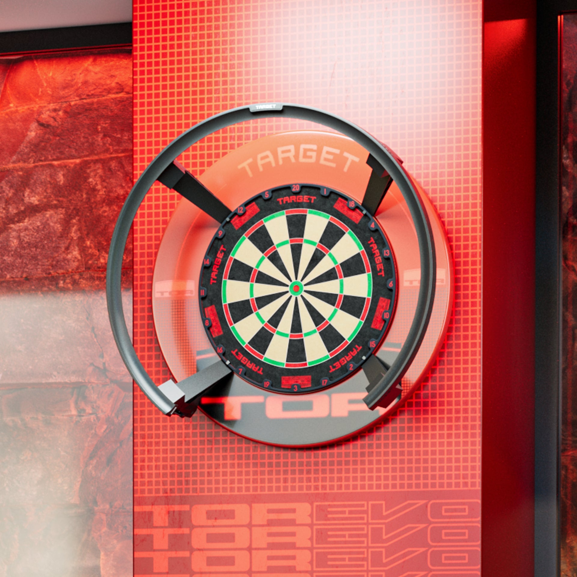 A wall-mounted dartboard with a clear protective circular cover and black mounting hardware, set against a red-orange illuminated wall with the word TARGET visible.