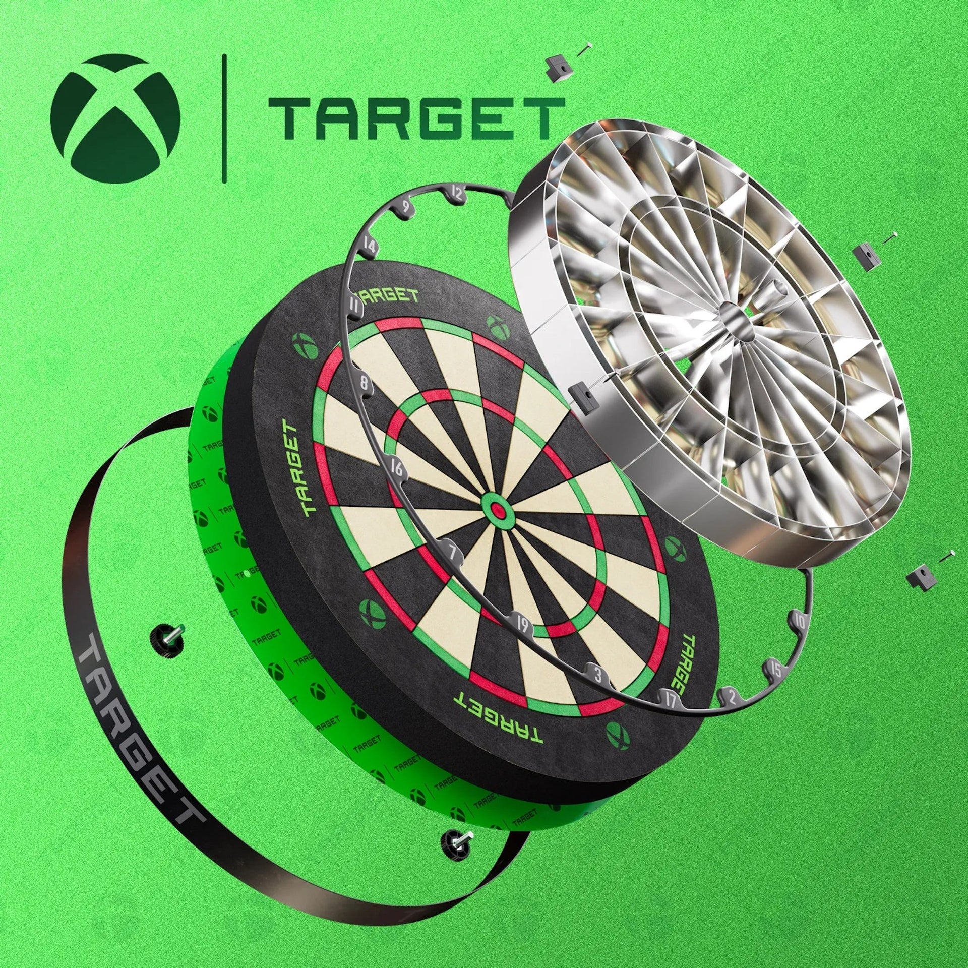 XBOX TOR Dartboard shows the different layers of the dartbaord on a green background, featuring the Target and Xbox logos.