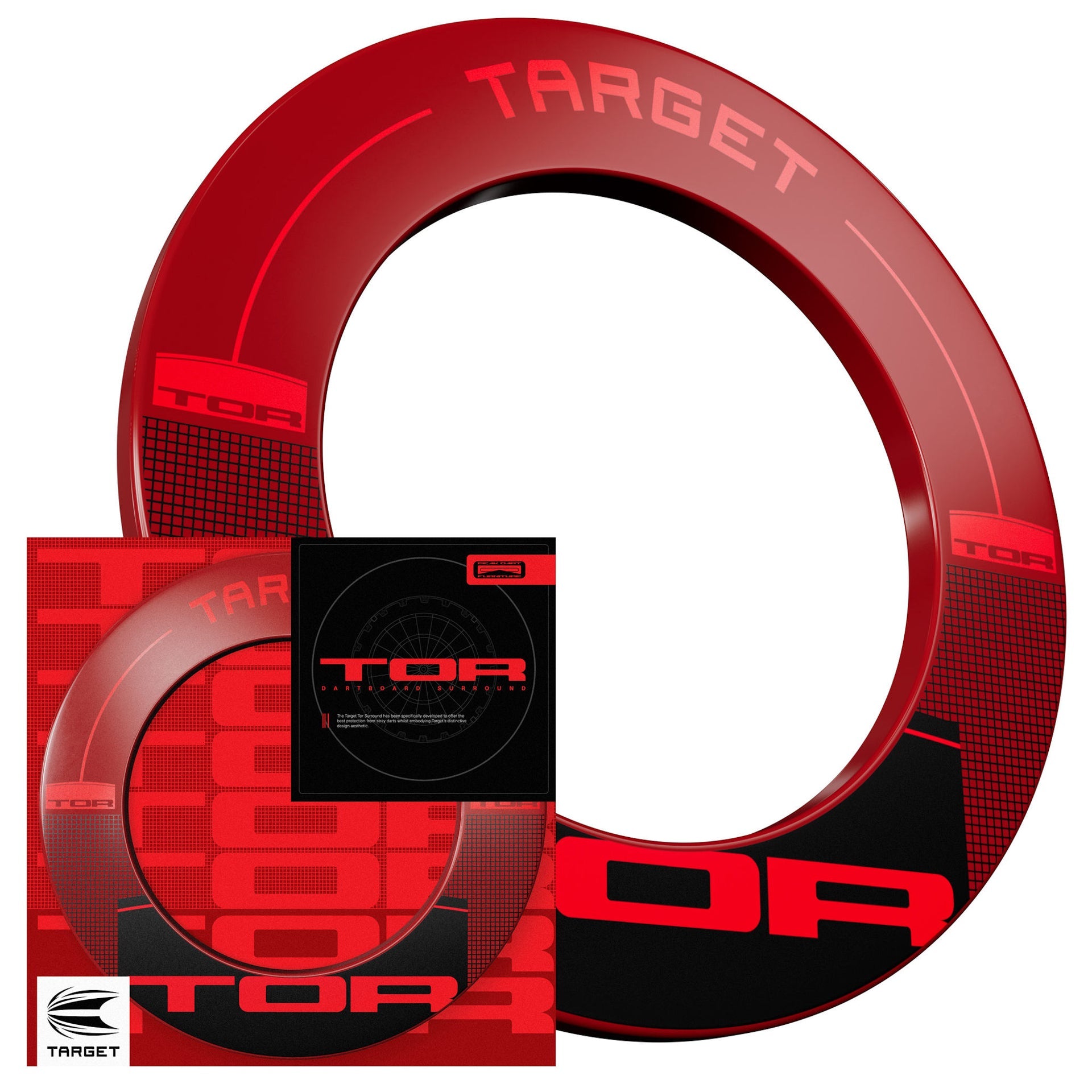 Target TOR Red Surround featuring a large front view, a smaller side profile view, and its black retail box on a light gray background.