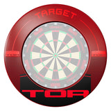 Target TOR Red Surround featuring the brand name 'TOR' and the word 'TARGET' in red. The dartboard itself has gray, cream, and red scoring sections with a green center.