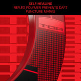 A close-up promotional graphic of a red and black curved product surface with a grid texture and the partial brand text 'TOR' visible. Large red text at the top reads 'SELF-HEALING REFLEX POLYMER PREVENTS DART PUNCTURE MARKS' on a black background.