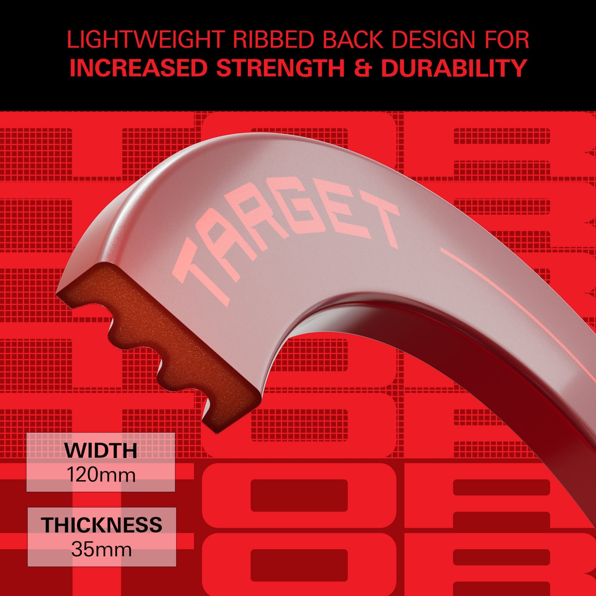 Target TOR Red Surround. The text reads 'LIGHTWEIGHT RIBBED BACK DESIGN FOR INCREASED STRENGTH & DURABILITY,' 'TARGET,' 'WIDTH 120mm,' and 'THICKNESS 35mm.