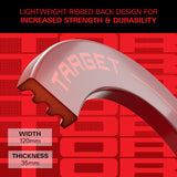 Target TOR Red Surround. The text reads 'LIGHTWEIGHT RIBBED BACK DESIGN FOR INCREASED STRENGTH & DURABILITY,' 'TARGET,' 'WIDTH 120mm,' and 'THICKNESS 35mm.