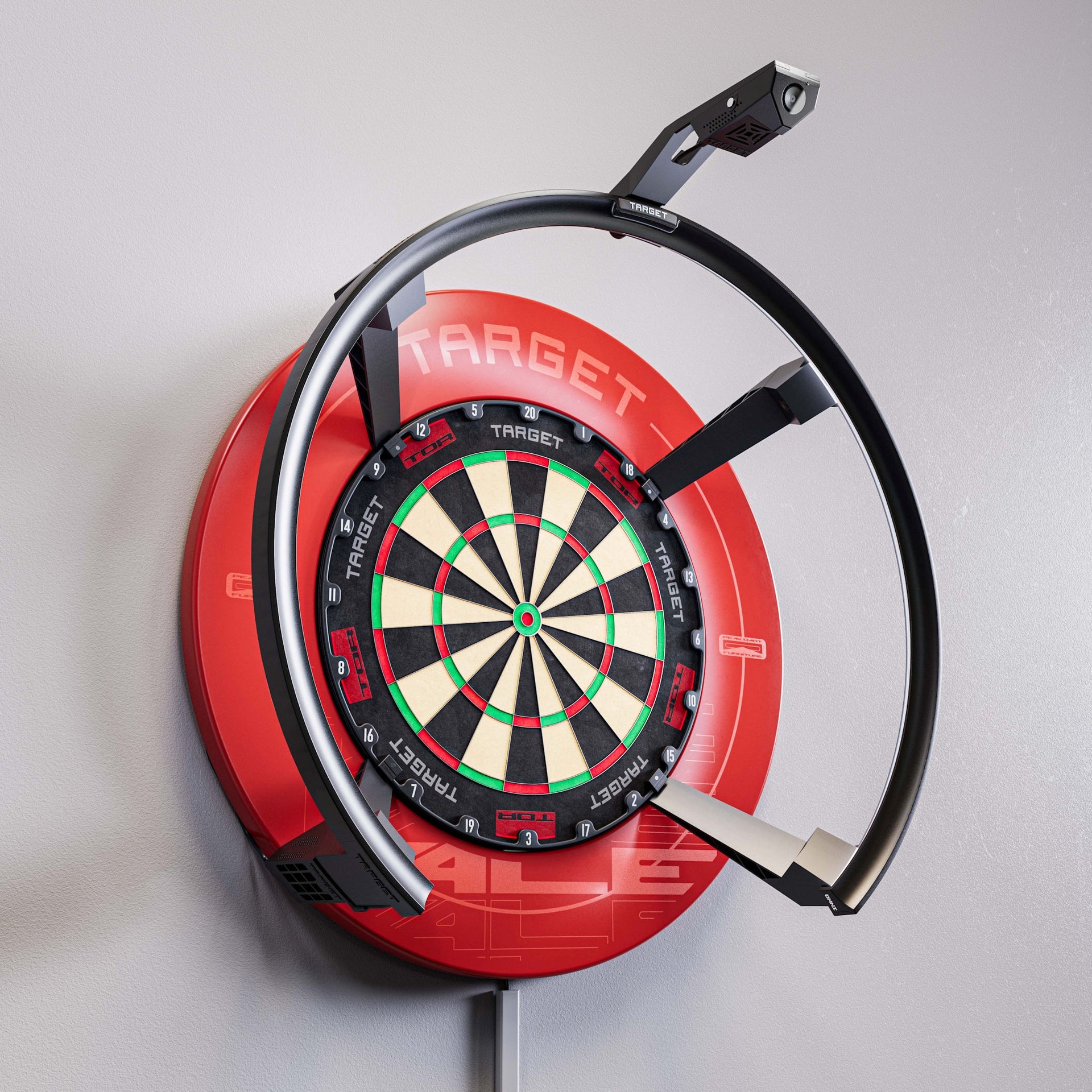 OMNI Virt Camera Arm shown in use on the OMNI system with red surround and TOR dartboard.