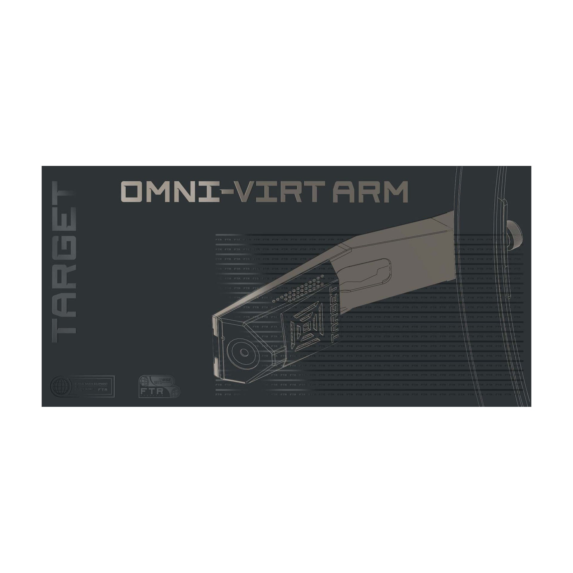 OMNI Virt Camera Arm packaging which is black with light grey graphics of the arm .