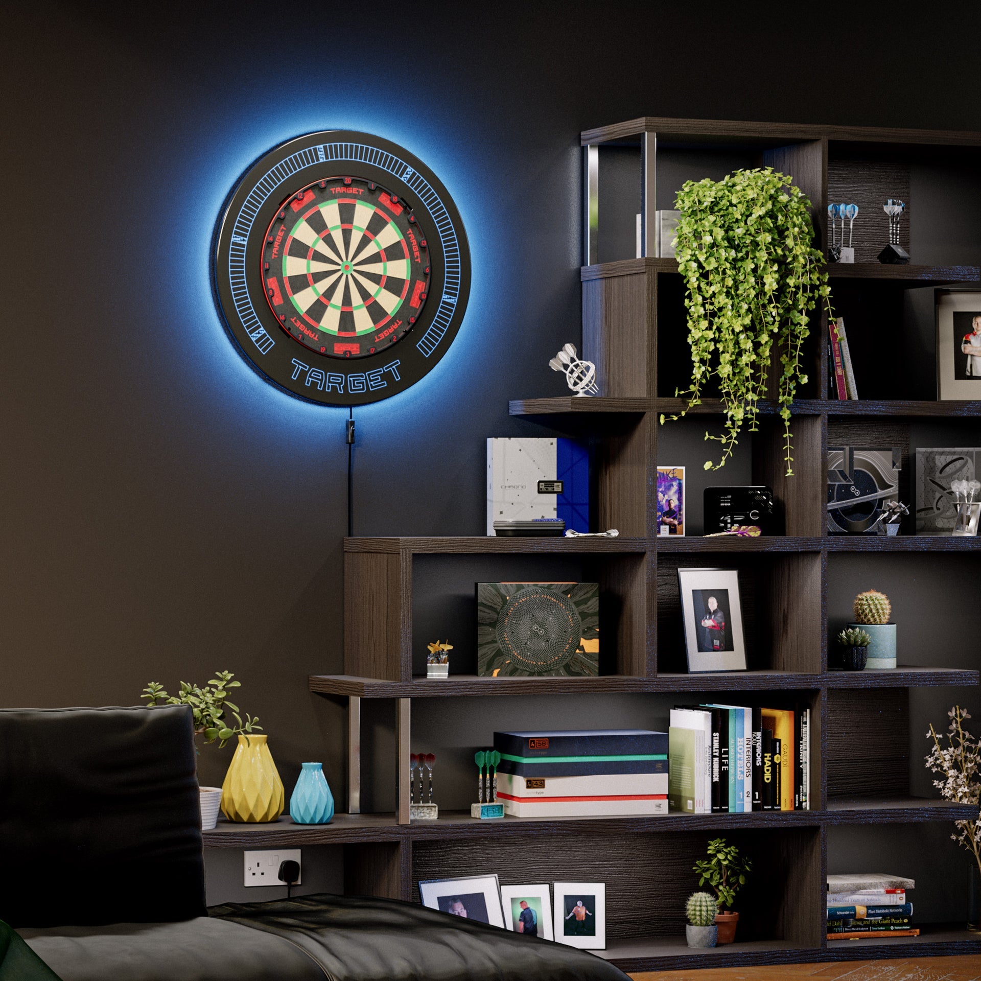 Target Corona Vision LED Notched surround backlit blue LED light shown in room setting.