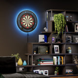 Target Corona Vision LED Notched surround backlit blue LED light shown in room setting.