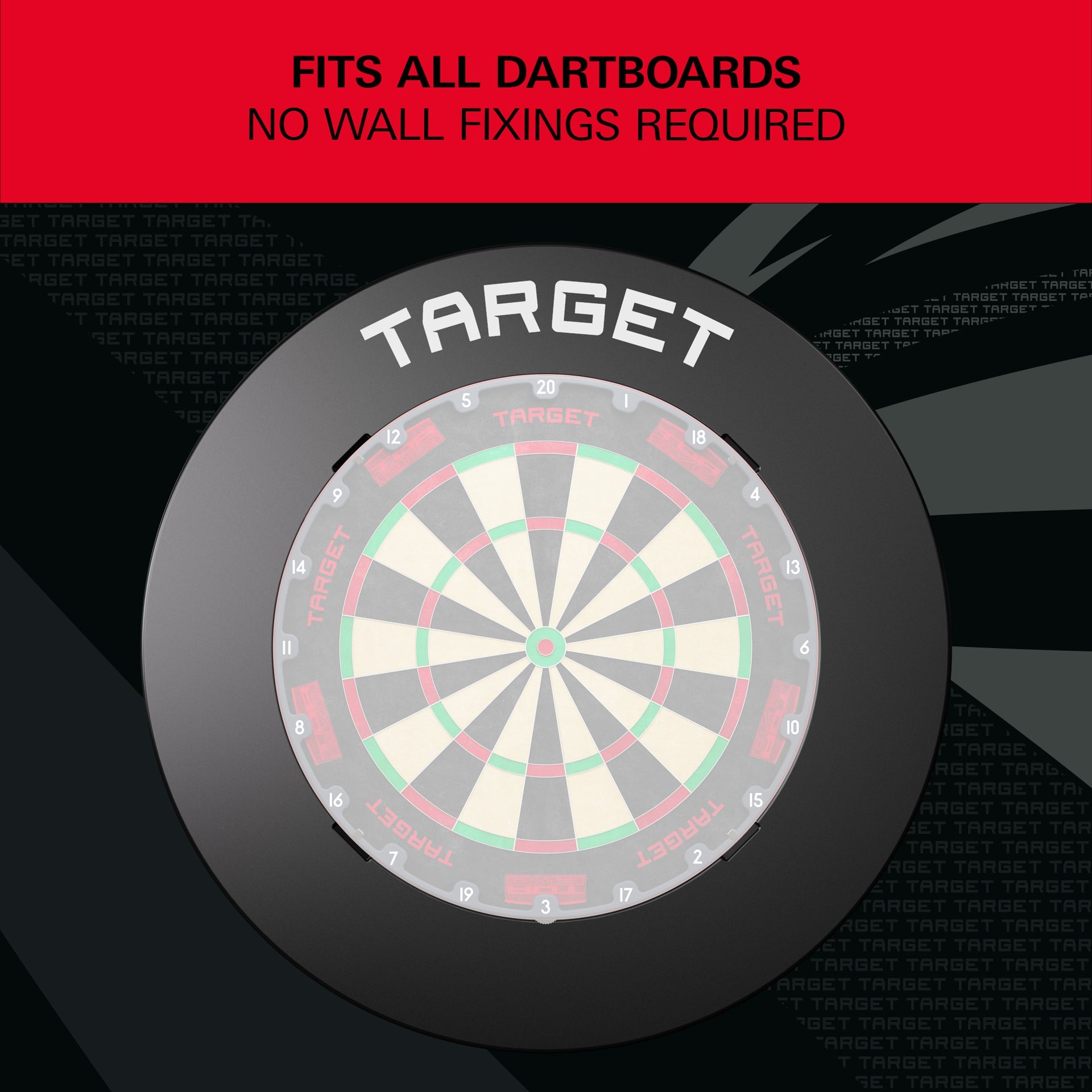 Target Black Notched Surround showing is around dartboard and no wall fixings required