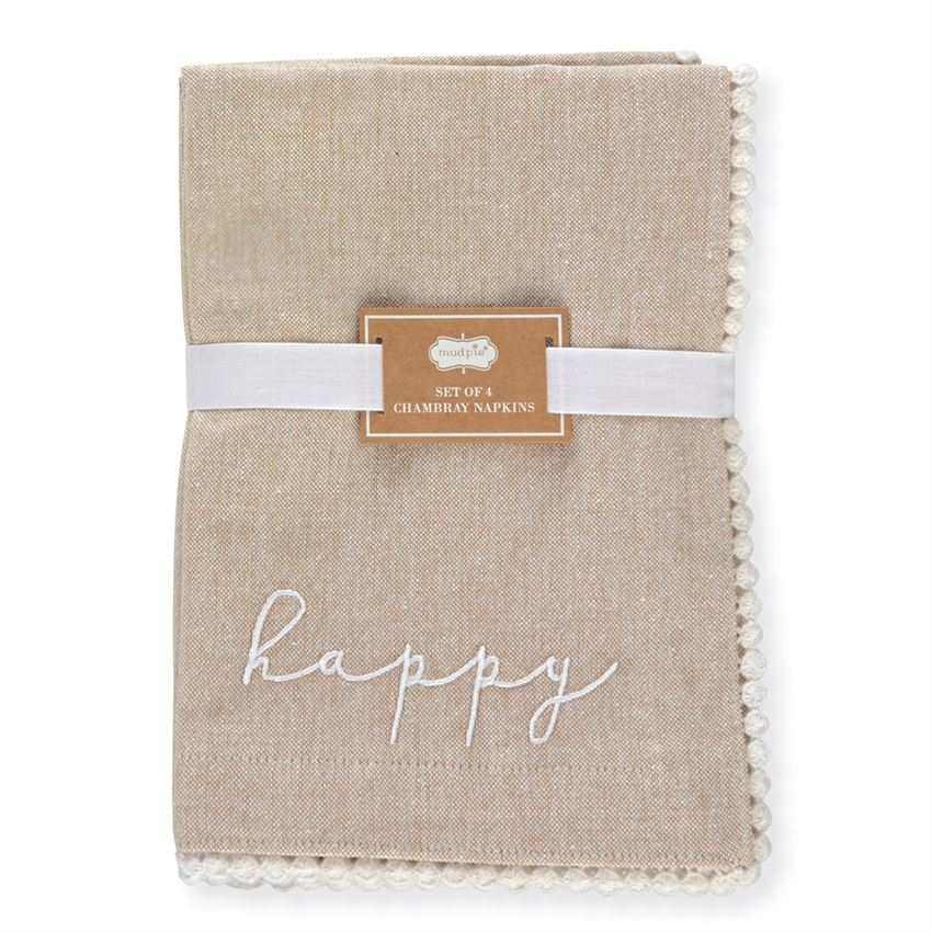 Set of four embroidered chambray dinner napkins with "happy" sentiment and flat dot trim, 18-inch square Happy Napkin Set