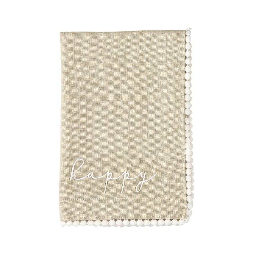 Beige chambray Happy Napkin Set with embroidered "happy" text and white flat dot trim, 18-inch square dinner napkin.