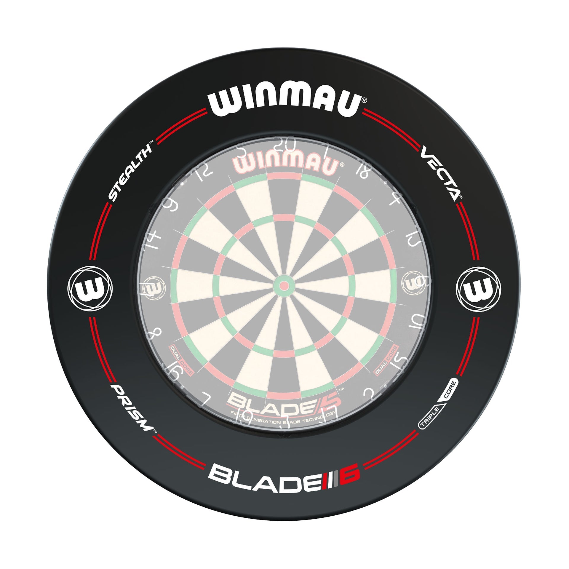 Winmau Pro-Line Black Surround with Winmau dartboard with branding on a white background