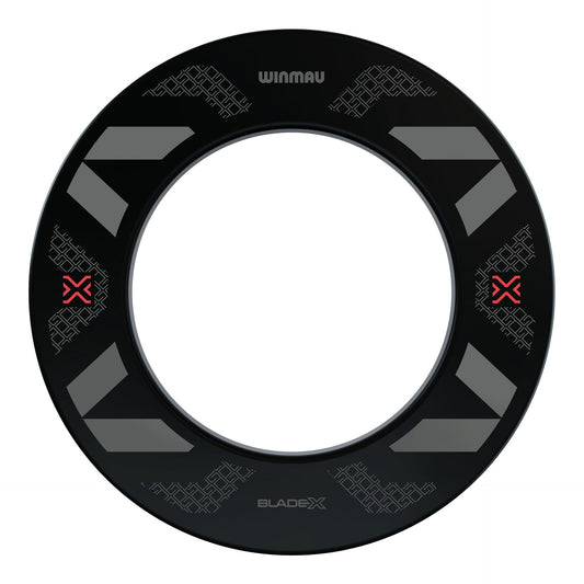 Winmau Blade X Black Surround, black protective ring with grey geometric graphics and red X details.
