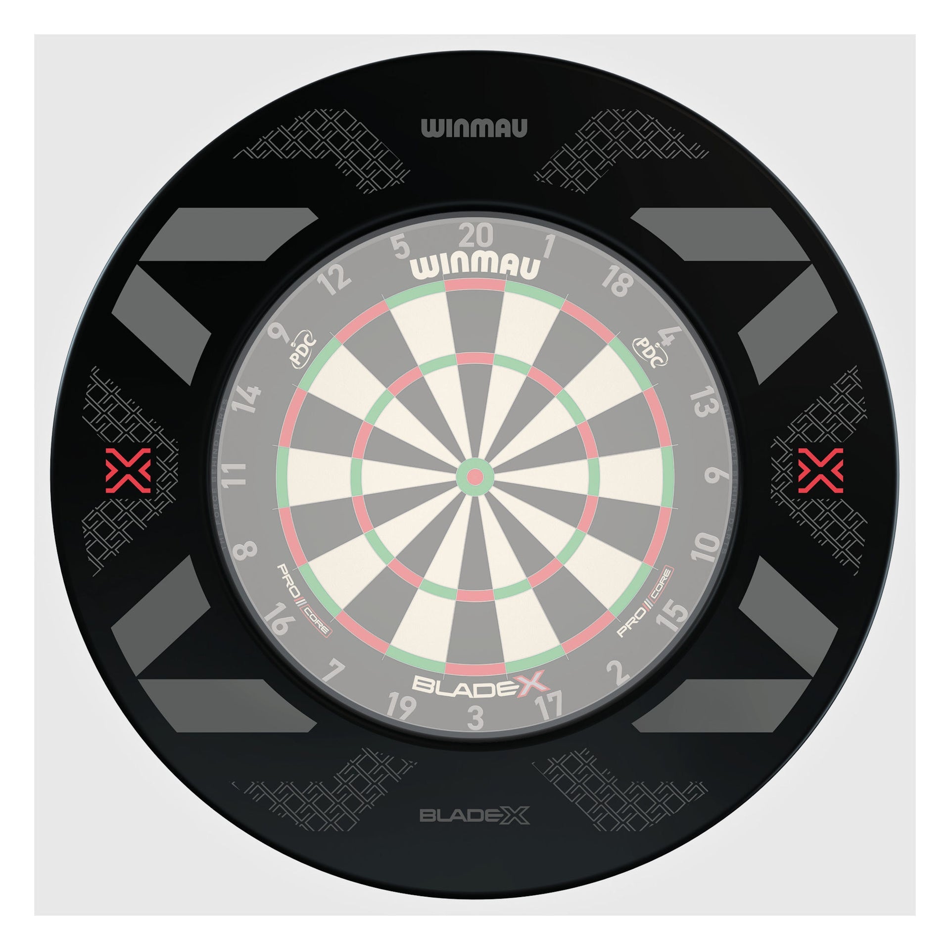 Winmau Blade X Black Surround with Winmau dartboard with 'X' markers on a white background