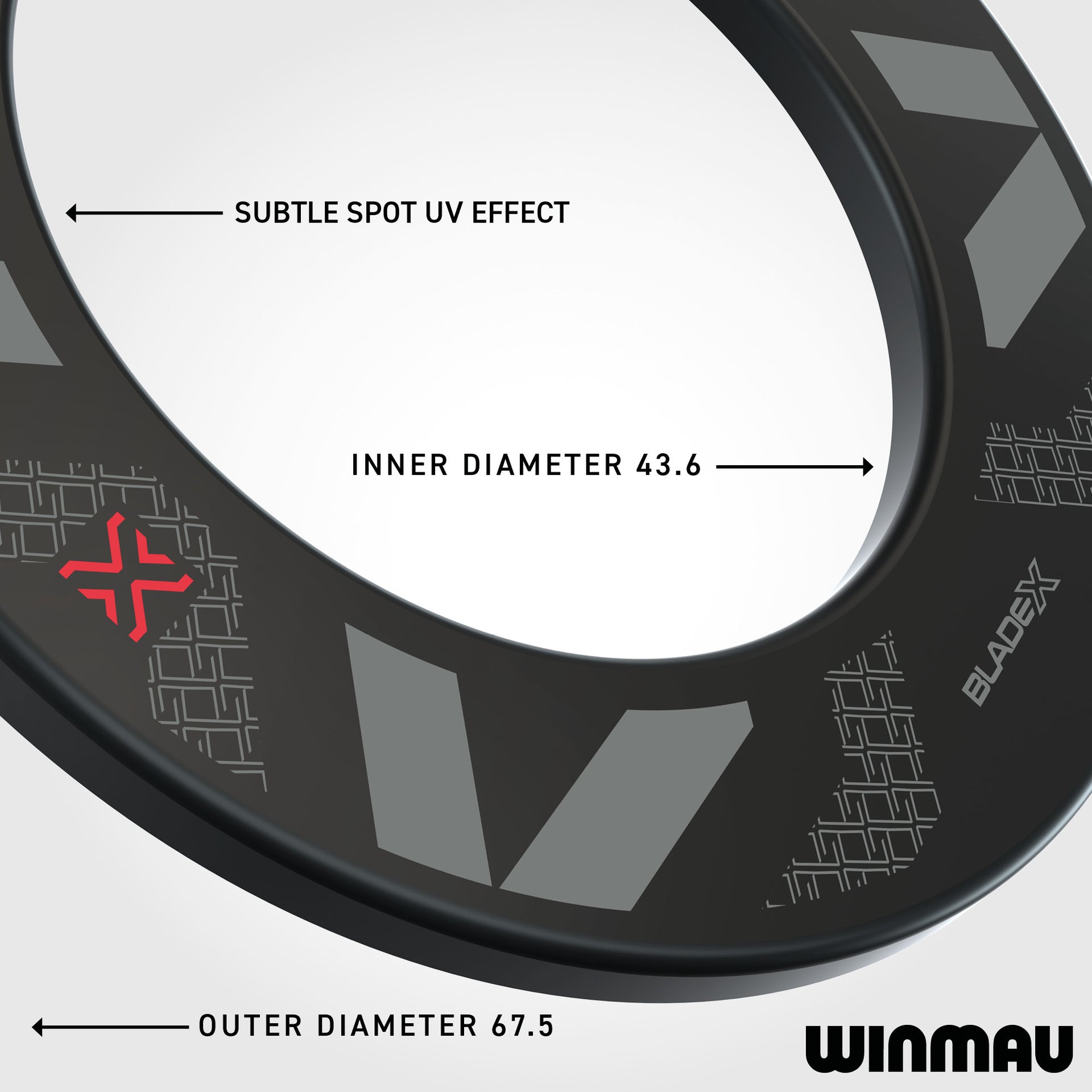 Close-up of Winmau Blade X Black Surround with measurements and branding on a white background