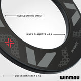 Close-up of Winmau Blade X Black Surround with measurements and branding on a white background