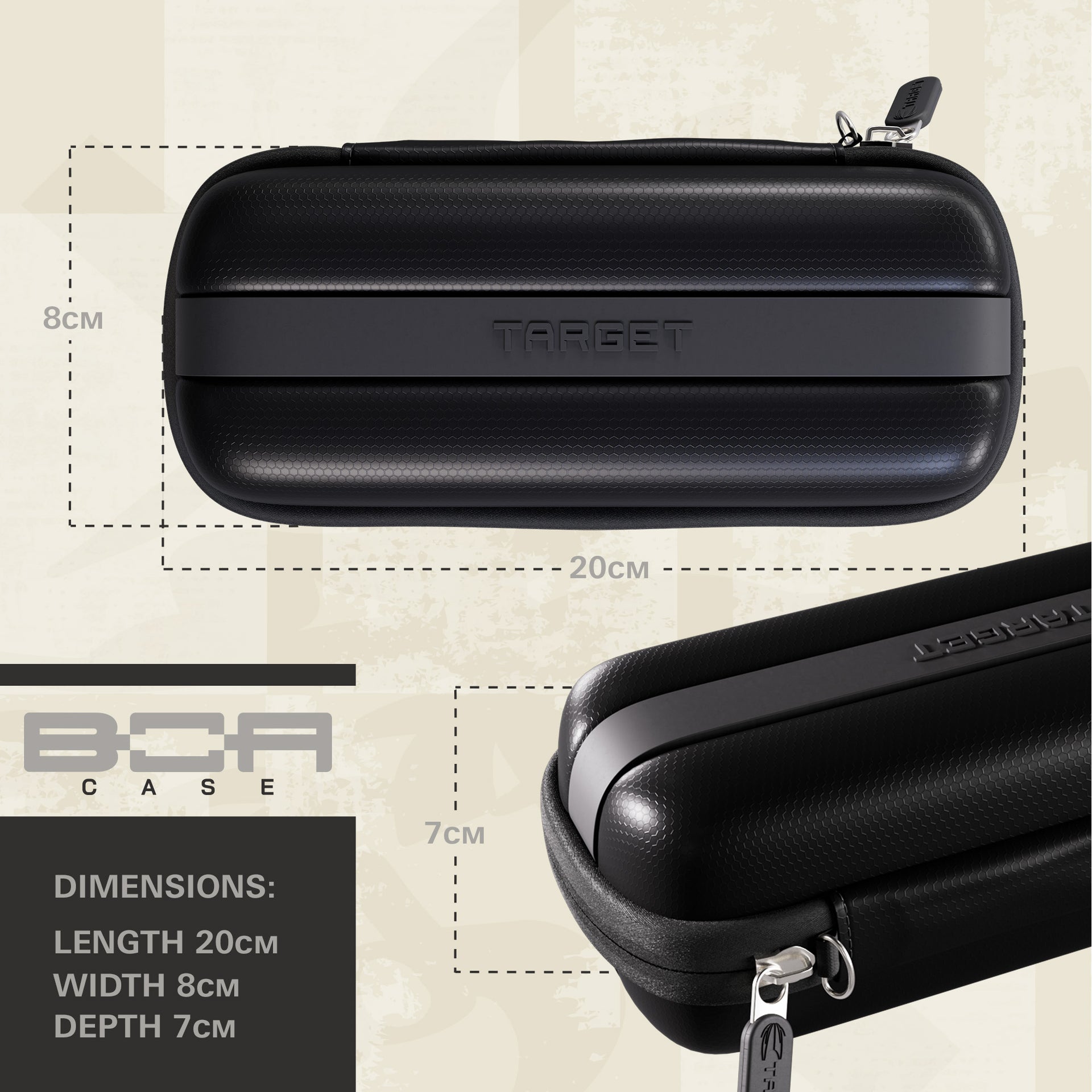 Black case with 'TARGET' branding and dimensions on a beige background