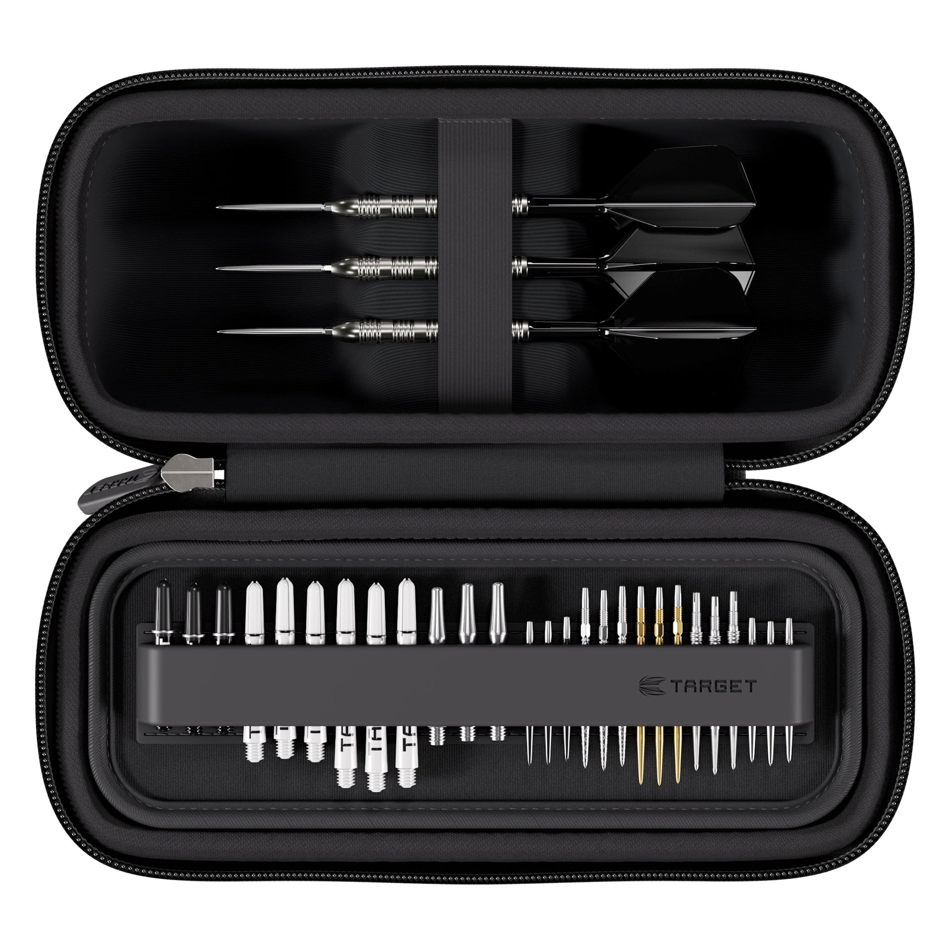 Black carrying case with darts and accessories on a white background